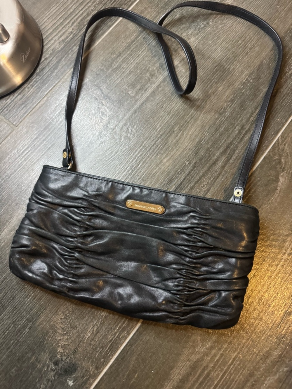 Michael Kors Black Leather Ruched Shoulder Bag with Gold Plate